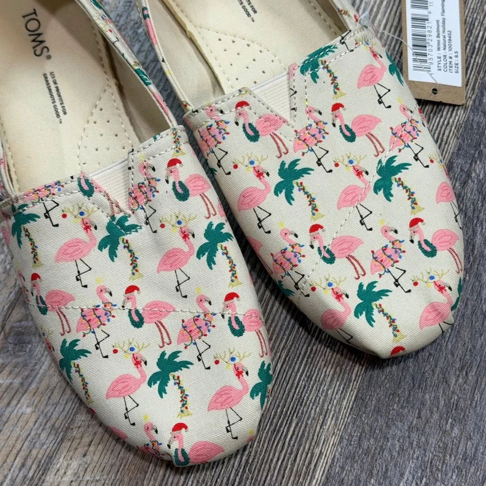TOMS Belmont Natural Holiday Flamingos Canvas Slip On Flats Womens 8.5 Florida - Picture 3 of 8